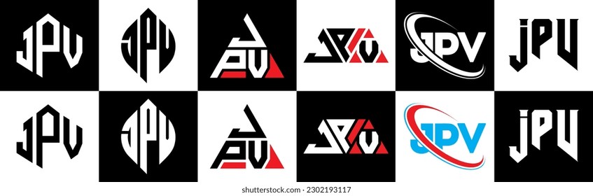 JPV letter logo design in six style. JPV polygon, circle, triangle, hexagon, flat and simple style with black and white color variation letter logo set in one artboard. JPV minimalist and classic logo