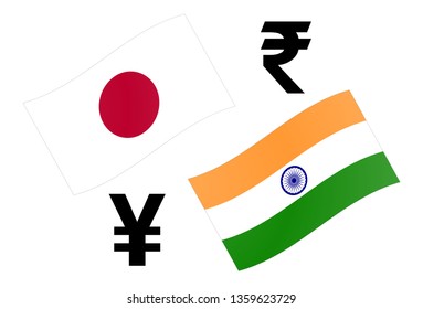 JPYINR forex currency pair vector illustration. Japanese and Indian flag, with Yen and Rupee symbol.