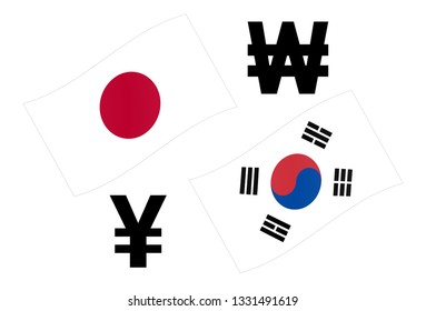 JPYKRW forex currency pair vector illustration. Japanese and Korean flag, with Yen and Won symbol.
