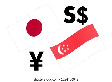 JPYSGD forex currency pair vector illustration. Japanese and Singaporean flag, with Yen and Dollar symbol.