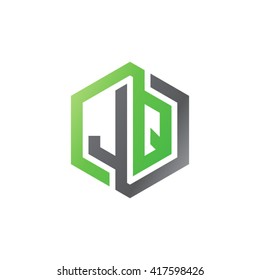JQ initial letters looping linked hexagon logo black gray green