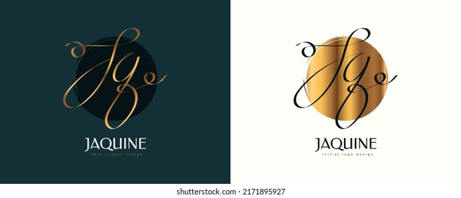 JQ Initial Signature Logo Design with Elegant and Minimalist Gold Handwriting Style. Initial J and Q Logo Design for Wedding, Fashion, Jewelry, Boutique and Business Brand Identity