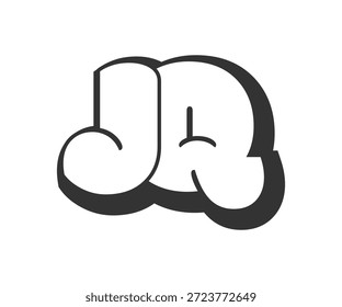JQ-Logo, Blasen-Comic-Schriftzug, abgerundet in Graffiti-Stil schwarz-weiß Silhouette. Trendy vorschulische J und Q Brief Text für Festival-Party, persönliche Initialen, Kinder funky Print und Web. Vektorgrafik.