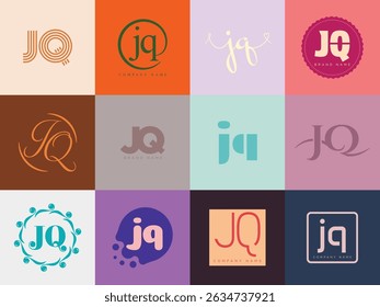 JQ logo company template. Letter j and q logotype. Set different classic serif lettering and modern bold text with design elements. Initial font typography. Collection trendy business identity.
