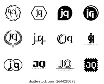 JQ logo company template. Letter j and q logotype. Set different classic serif lettering and modern bold text with design elements. Initial font typography. Collection trendy business identity.