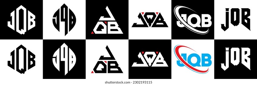 JQB letter logo design in six style. JQB polygon, circle, triangle, hexagon, flat and simple style with black and white color variation letter logo set in one artboard. JQB minimalist and classic logo
