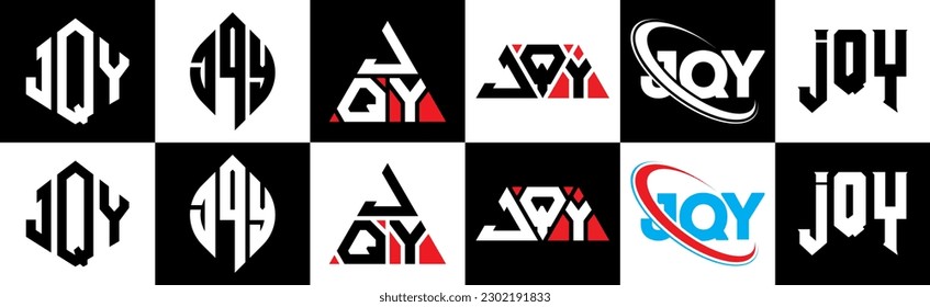 JQY letter logo design in six style. JQY polygon, circle, triangle, hexagon, flat and simple style with black and white color variation letter logo set in one artboard. JQY minimalist and classic logo