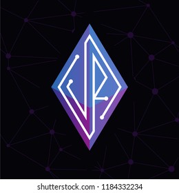 JR Initial letter block chain logo icon vector template. Looping mono line circuit letter on rhombus cube logo