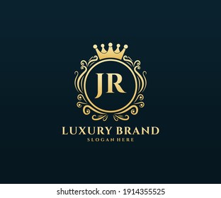 JR Initial Letter Gold calligraphic feminine floral hand drawn heraldic monogram antique vintage style luxury logo design.
