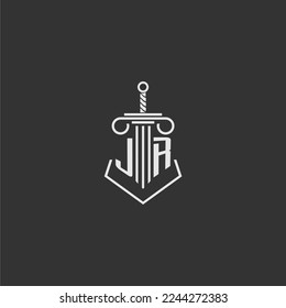 JR initial monogram law firm with sword and pillar logo design