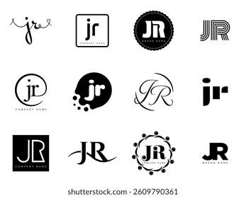 JR logo company template. Letter j and r logotype. Set different classic serif lettering and modern bold text with design elements. Initial font typography. Collection trendy business identity.