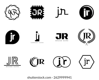 JR logo company template. Letter j and r logotype. Set different classic serif lettering and modern bold text with design elements. Initial font typography. Collection trendy business identity.