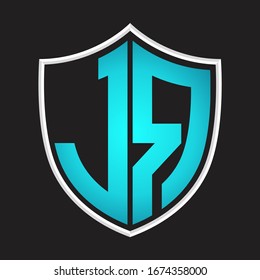 JR Logo monogram with shield shape isolated blue colors on outline design template
