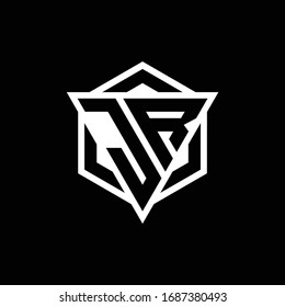 Monograma del logotipo JR con combinación de formas triángulo y hexagón aislado en colores dorados y blancos