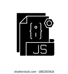 JS file black glyph icon. Source code file format. Websites creation and development. Programming language. HTML code. Silhouette symbol on white space. Vector isolated illustration