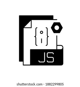 JS file black linear icon. Source code file format. Websites creation and development. Programming language. HTML code. Web pages. Outline symbol on white space. Vector isolated illustration