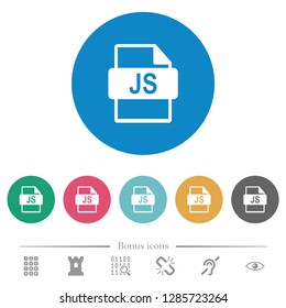 JS file format flat white icons on round color backgrounds. 6 bonus icons included.