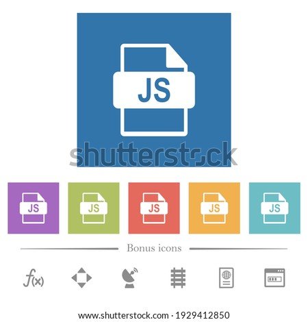 JS file format flat white icons in square backgrounds. 6 bonus icons included.