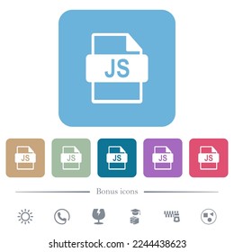 JS file format white flat icons on color rounded square backgrounds. 6 bonus icons included