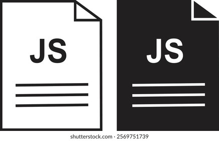 JS file icon set. JS file type symbol. File JS format icon in black filled and outlined style isolated on transparent background. Ideal for technology or data related content, vector illustration.