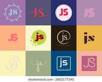 JS logo company template. Letter j and s logotype. Set different classic serif lettering and modern bold text with design elements. Initial font typography. Collection trendy business identity.