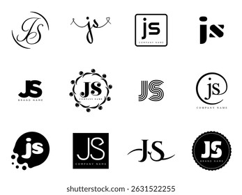 JS logo company template. Letter j and s logotype. Set different classic serif lettering and modern bold text with design elements. Initial font typography. Collection trendy business identity.