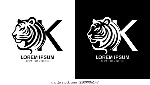 Diseño de logotipo en forma de J combinado con la cabeza de un tigre