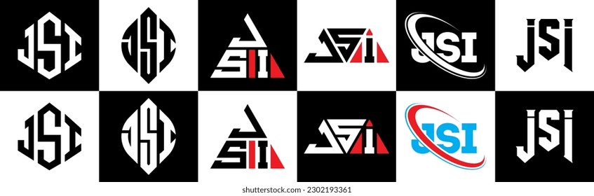 Diseño del logotipo de letras JSI en seis estilos. Polígono JSI, círculo, triángulo, hexágono, de estilo plano y sencillo con el logotipo de la letra de variación en color blanco y negro en un tablero de dibujo. Logo de JSI minimalista y clásico