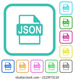 JSON file format vivid colored flat icons in curved borders on white background