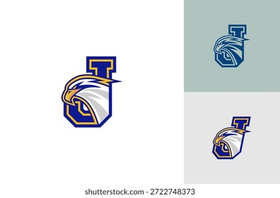 Logo de J-Sports con el ícono del águila inspirado en los emblemas de la universidad estadounidense. Aislado sobre fondo blanco.