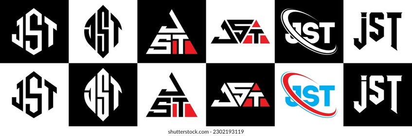 JST letter logo design in six style. JST polygon, circle, triangle, hexagon, flat and simple style with black and white color variation letter logo set in one artboard. JST minimalist and classic logo