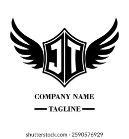 JT bold shield logo with wings, customizable with letters A to Z. Perfect for brands seeking a powerful symbol of strength, freedom, and ambition