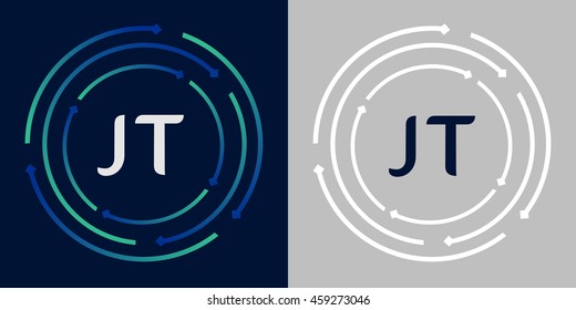 JT design template elements in abstract background logo, design identity in circle, letters business logo icon, blue/green alphabet letters, simplicity graphics