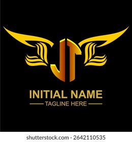 JT Golden Wing Emblem Logo with elegant gold wings, sleek and modern design. Ideal for branding, creative projects, luxury businesses, or artistic ventures.