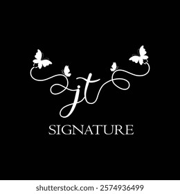 JT Handwritten initial letter, JT simple signature vector logo with butterfly shape variation, beauty, photography letter logo design. J T