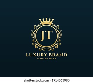 JT Initial Letter Gold calligraphic feminine floral hand drawn heraldic monogram antique vintage style luxury logo design.