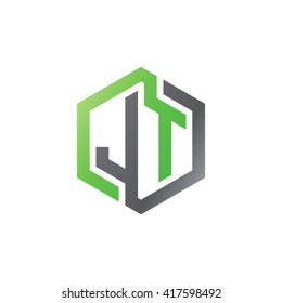 JT initial letters looping linked hexagon logo black gray green
