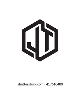 JT initial letters looping linked hexagon monogram logo