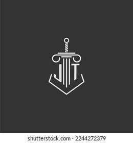 JT initial monogram law firm with sword and pillar logo design