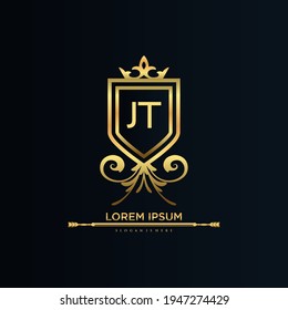 JT Letter Initial with Royal Template.elegant with crown logo vector, Creative Lettering Logo Vector Illustration.