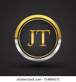 JT Letter logo in a circle, gold and silver colored. Vector design template elements for your business or company identity.