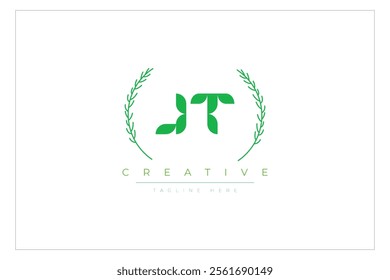 JT letters eco logo with leaf. Fresh nature and healthy leaf logo design.