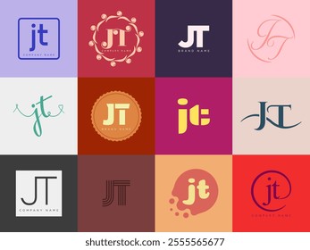 JT logo company template. Letter j and t logotype. Set different classic serif lettering and modern bold text with design elements. Initial font typography. Collection trendy business identity.