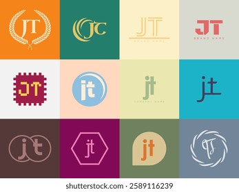 JT logo company template. Letter j and t logotype. Set different classic serif lettering and modern bold text with design elements. Initial font typography. Collection trendy business identity.