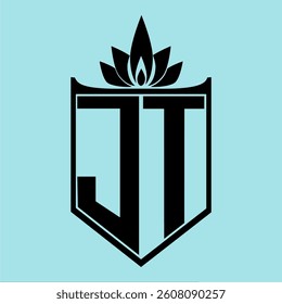 JT Logo featuring a minimalist design with a crown-like flower symbol on top, bold black elements, and a soft blue background, perfect for branding and modern visual identity.