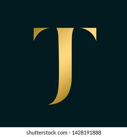 JT monogram.Typographic logo with letter j and letter t overlapped.Serif lettering icon.Uppercase alphabet initials in shiny golden color isolated on dark background.Elegant, beauty, luxury style.