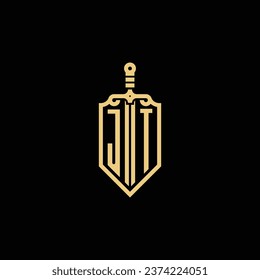 El escudo vintage de JT y el logotipo inicial de la espada en un diseño profesional de alta calidad que se imprimirán bien en cualquier medio impreso