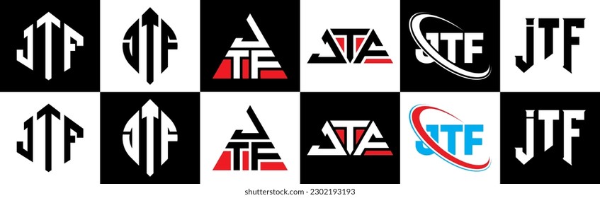 JTF letter logo design in six style. JTF polygon, circle, triangle, hexagon, flat and simple style with black and white color variation letter logo set in one artboard. JTF minimalist and classic logo