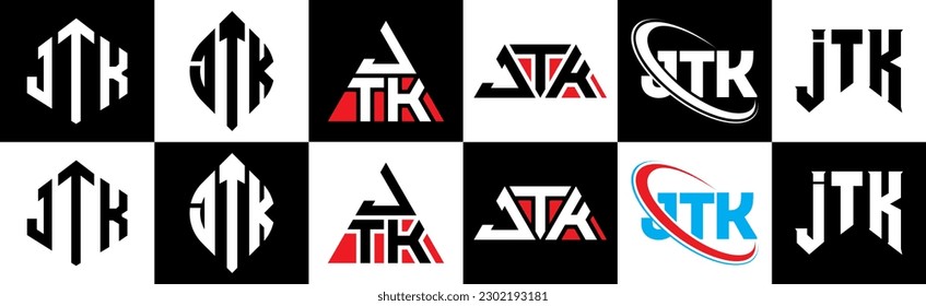 JTK letter logo design in six style. JTK polygon, circle, triangle, hexagon, flat and simple style with black and white color variation letter logo set in one artboard. JTK minimalist and classic logo
