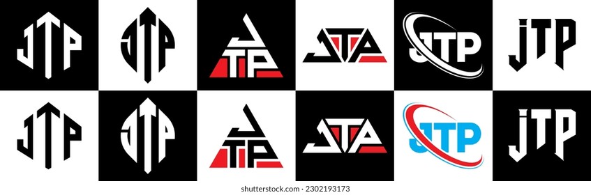 JTP letter logo design in six style. JTP polygon, circle, triangle, hexagon, flat and simple style with black and white color variation letter logo set in one artboard. JTP minimalist and classic logo